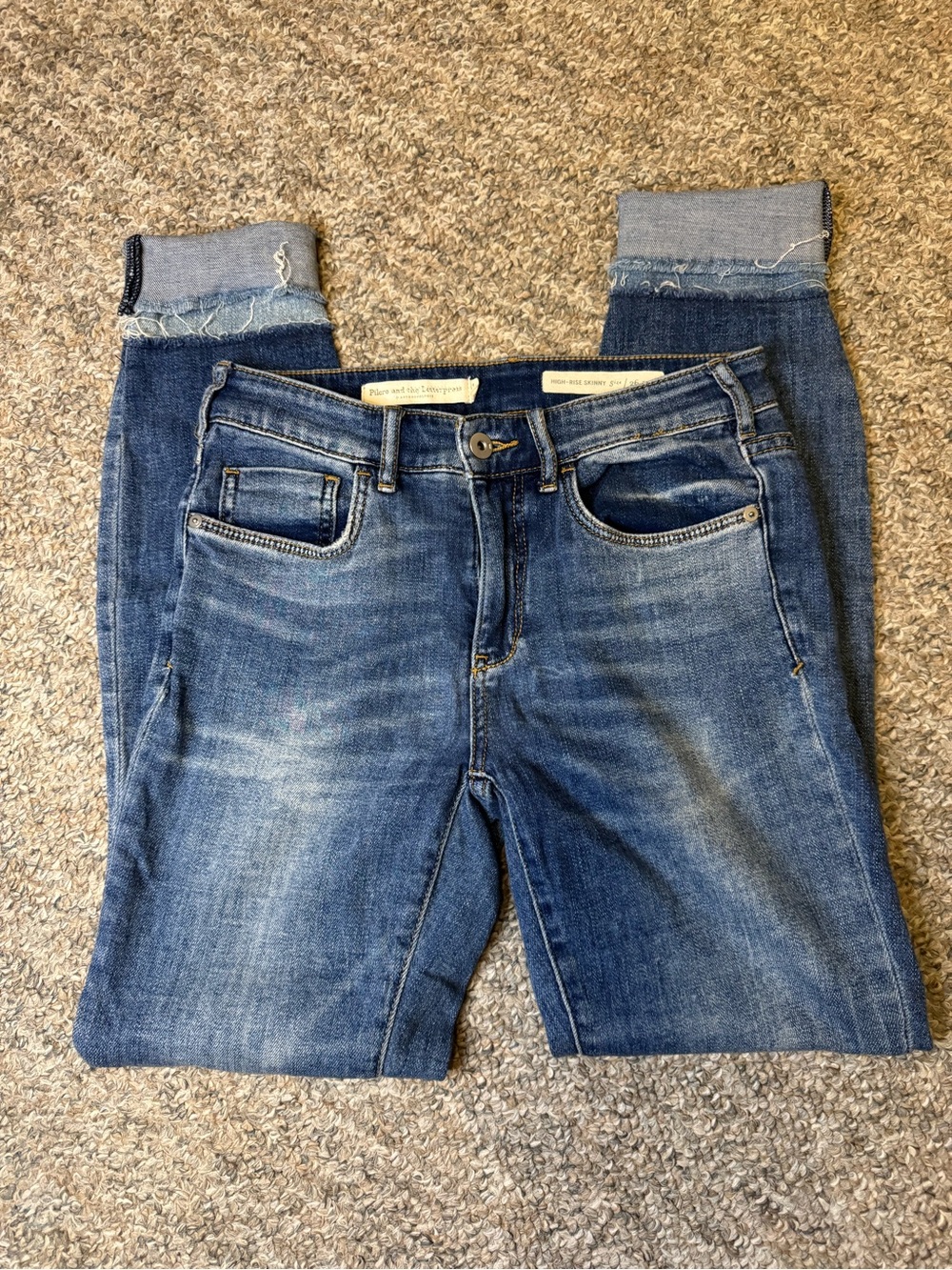 Pilcro and the Letterpress Slim Skinny Jeans in Mid Blue Wash with frayed hem